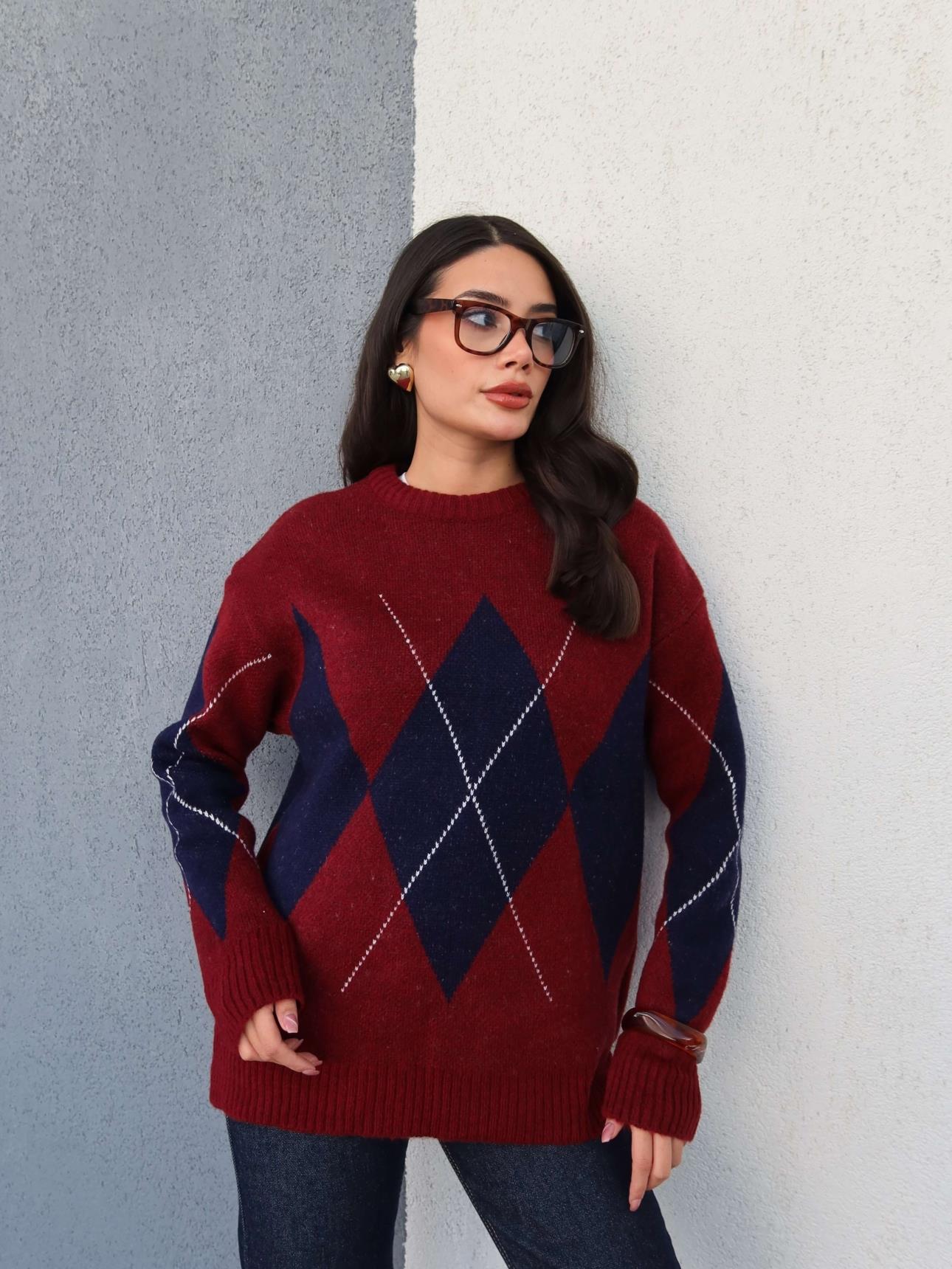 Claret Red Blue Diamond Patterned Sweater