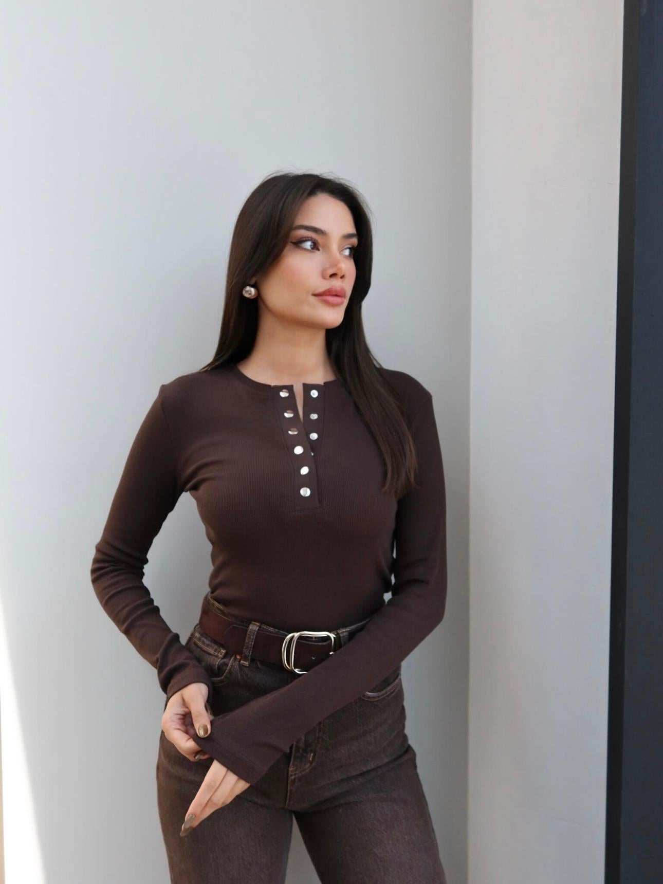 Ribbed Pattern Snap Blouse