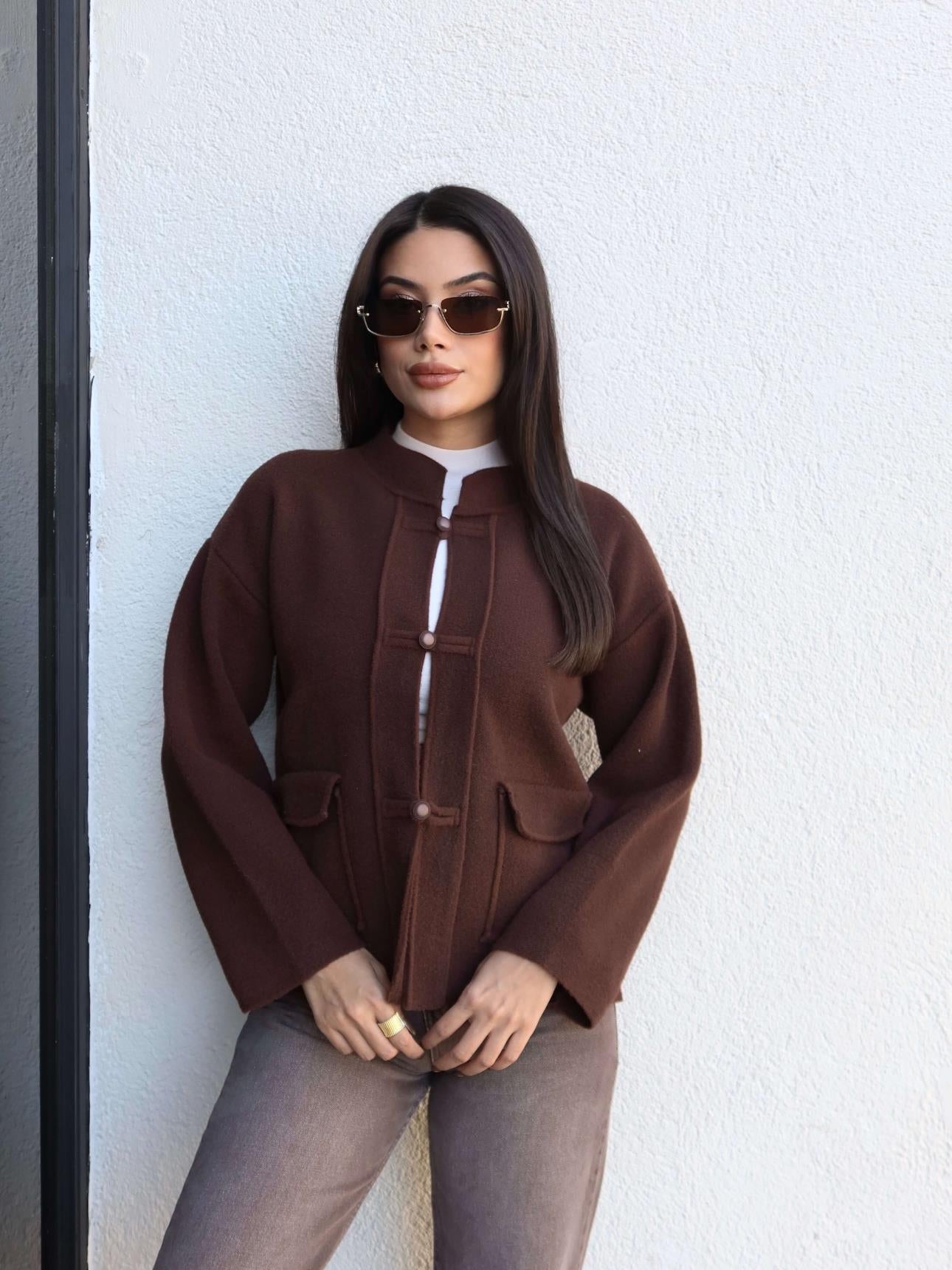 Stand-up Collar Knit Cardigan with Pockets