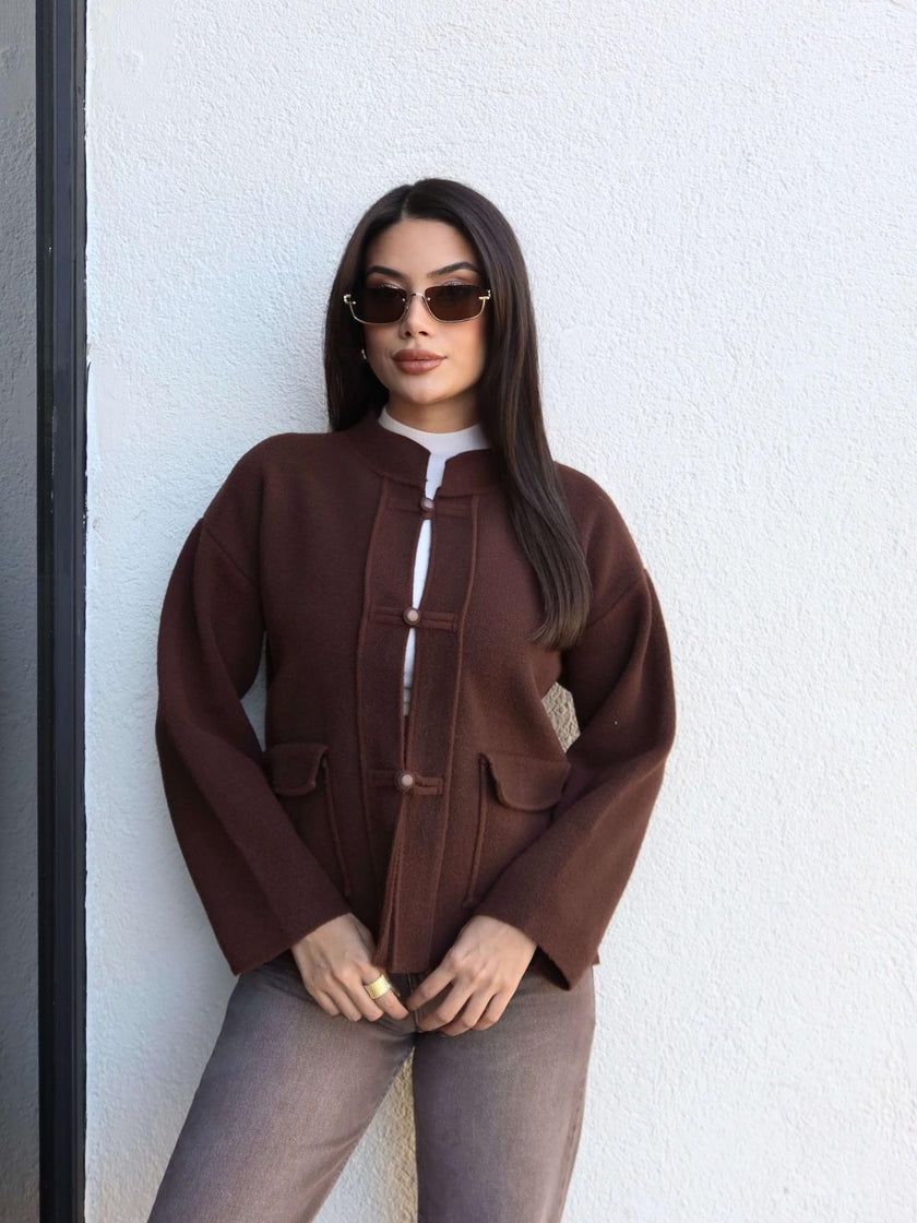 Stand-up Collar Knit Cardigan with Pockets