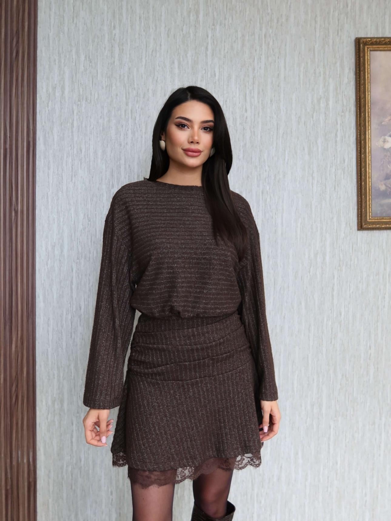 Mini Dress with Gathered Waist Lace Detail