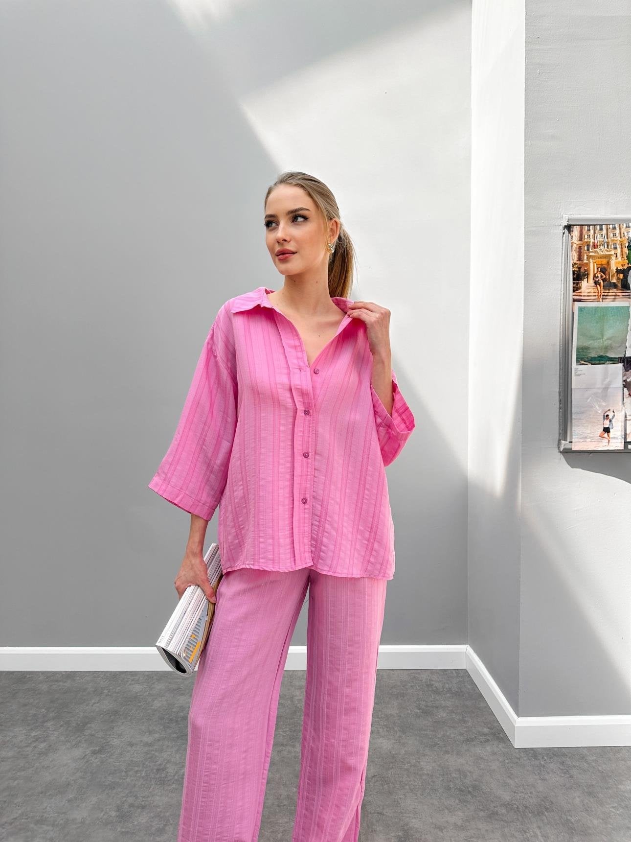 PINK THREE-QUARTE SLEEVE TROUSERS SUIT