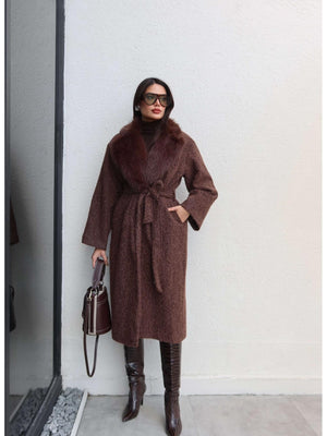 Long Shearling Coat with Fur Collar