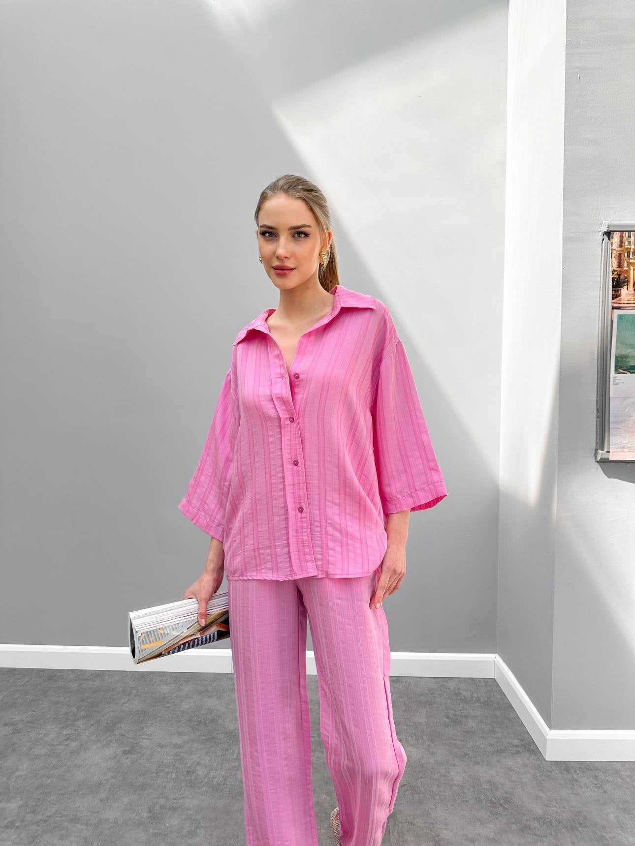 PINK THREE-QUARTE SLEEVE TROUSERS SUIT