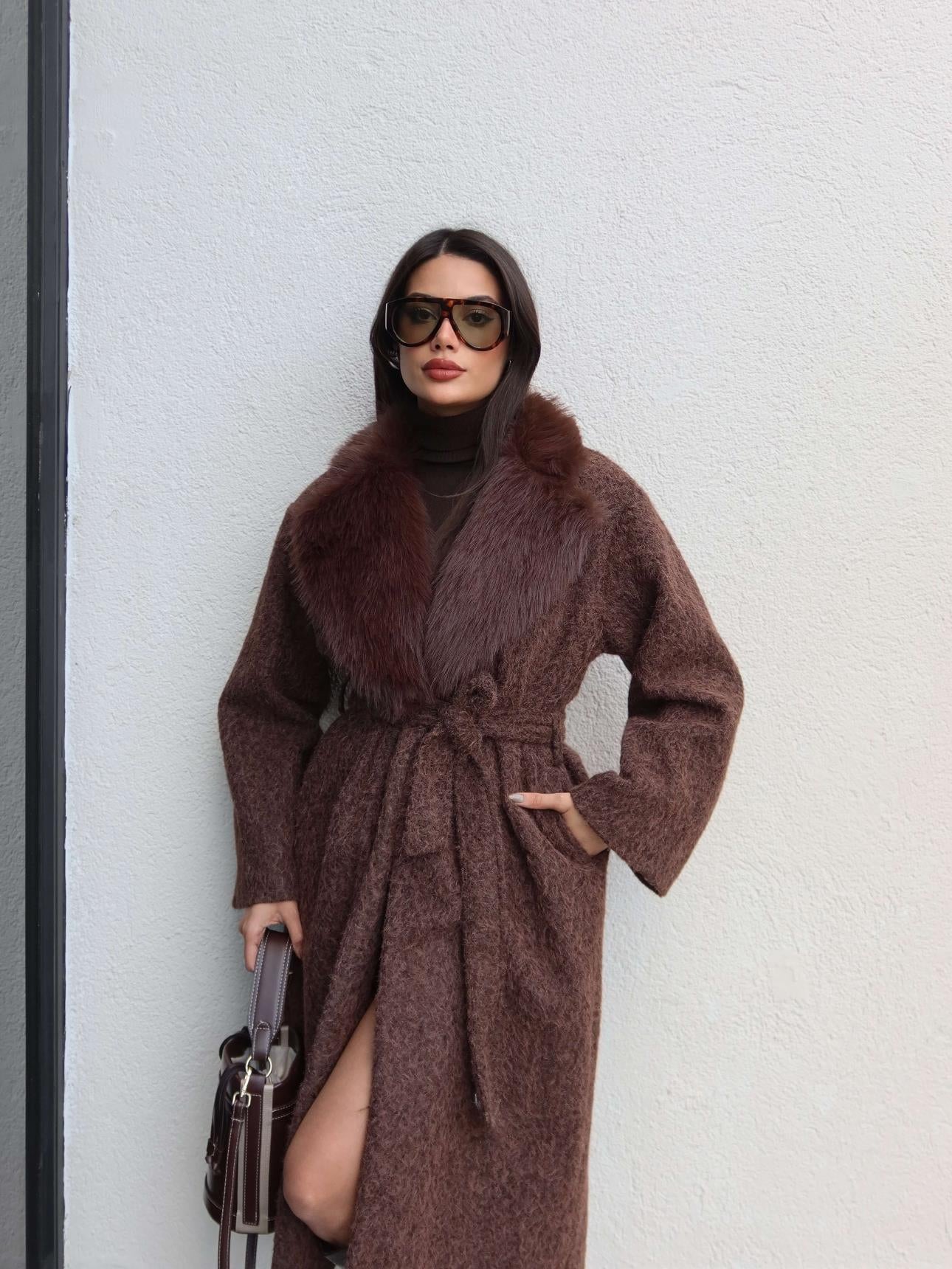 Long Shearling Coat with Fur Collar