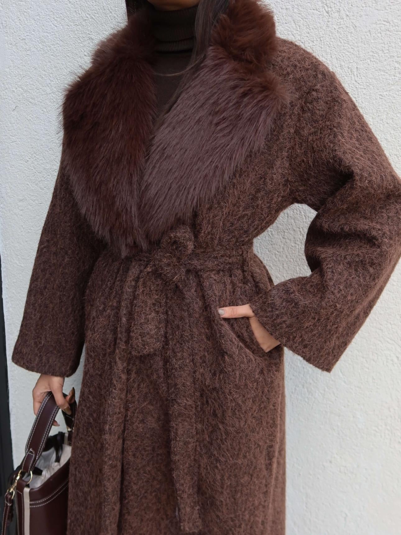Long Shearling Coat with Fur Collar