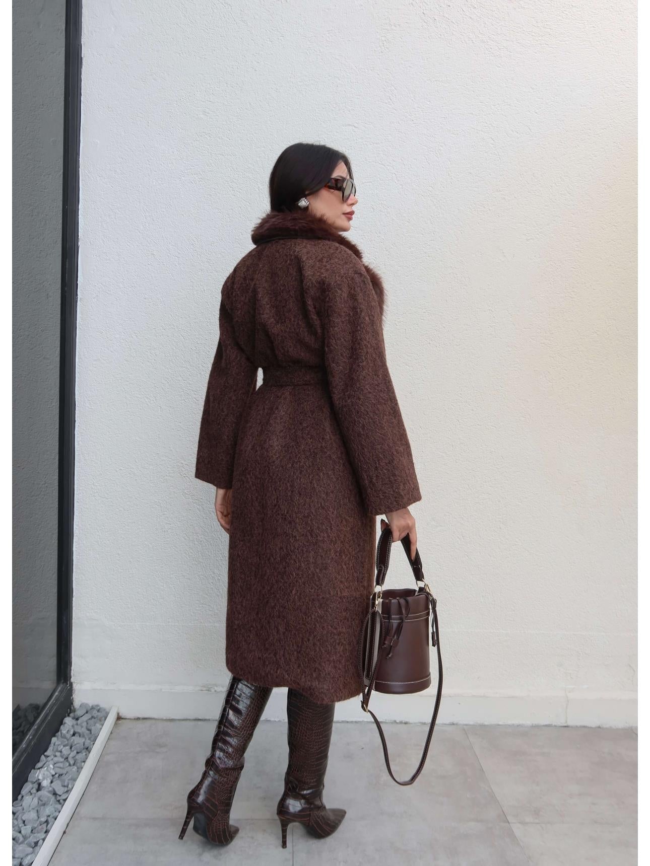 Long Shearling Coat with Fur Collar