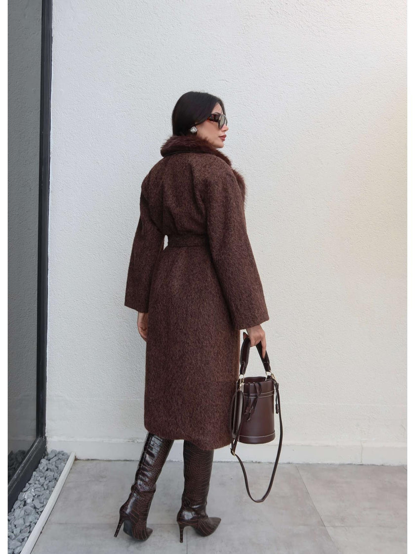 Long Shearling Coat with Fur Collar