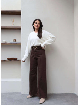 Wide-Leg Lycra Trousers with Stitching Details