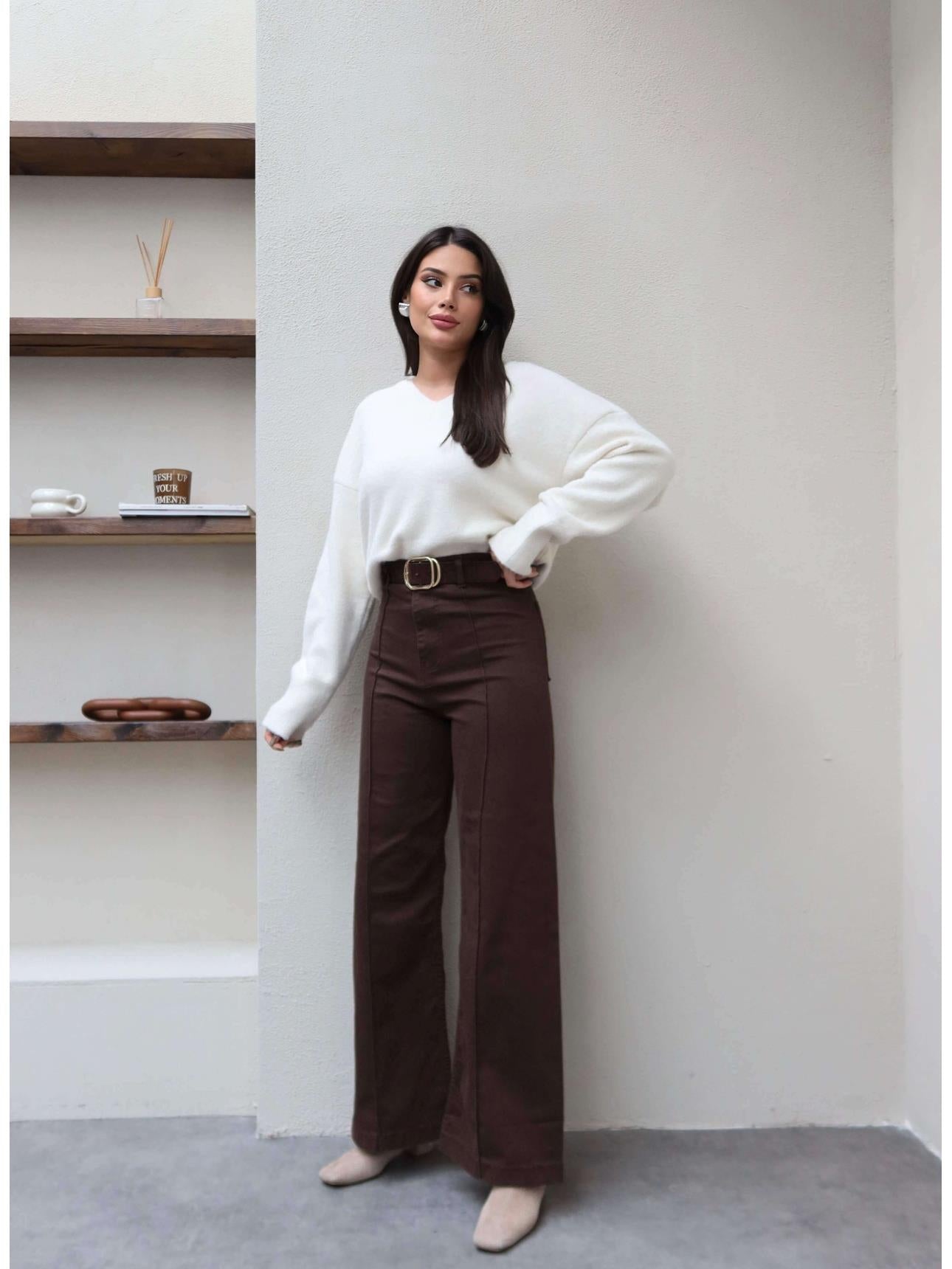 Wide-Leg Lycra Trousers with Stitching Details