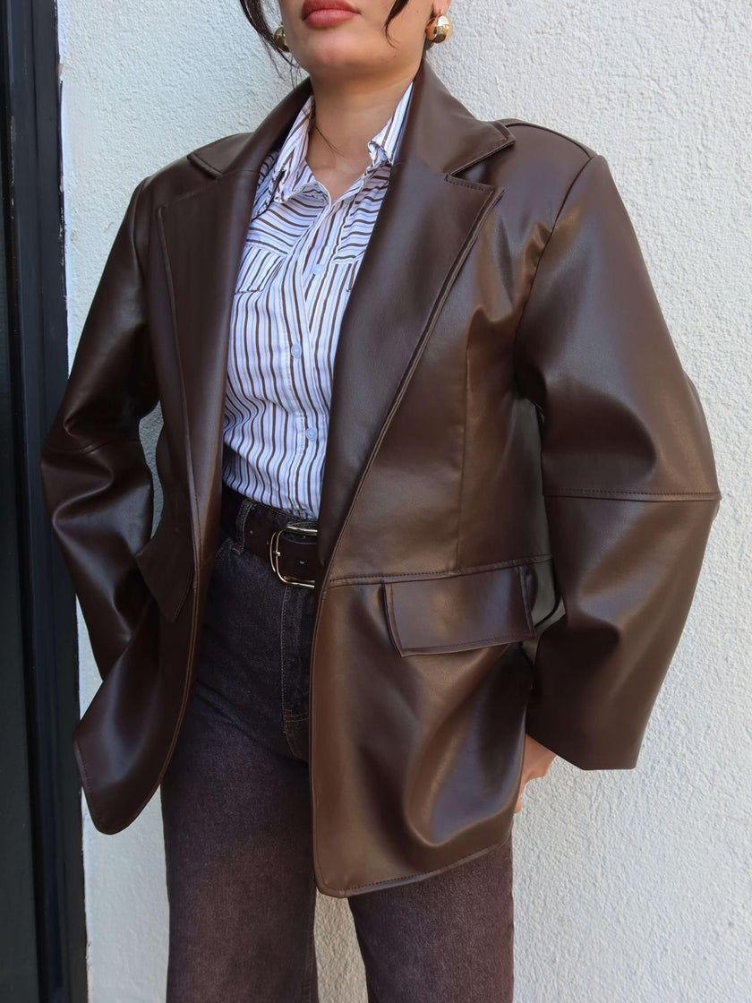 Straight Cut Leather Blazer Jacket