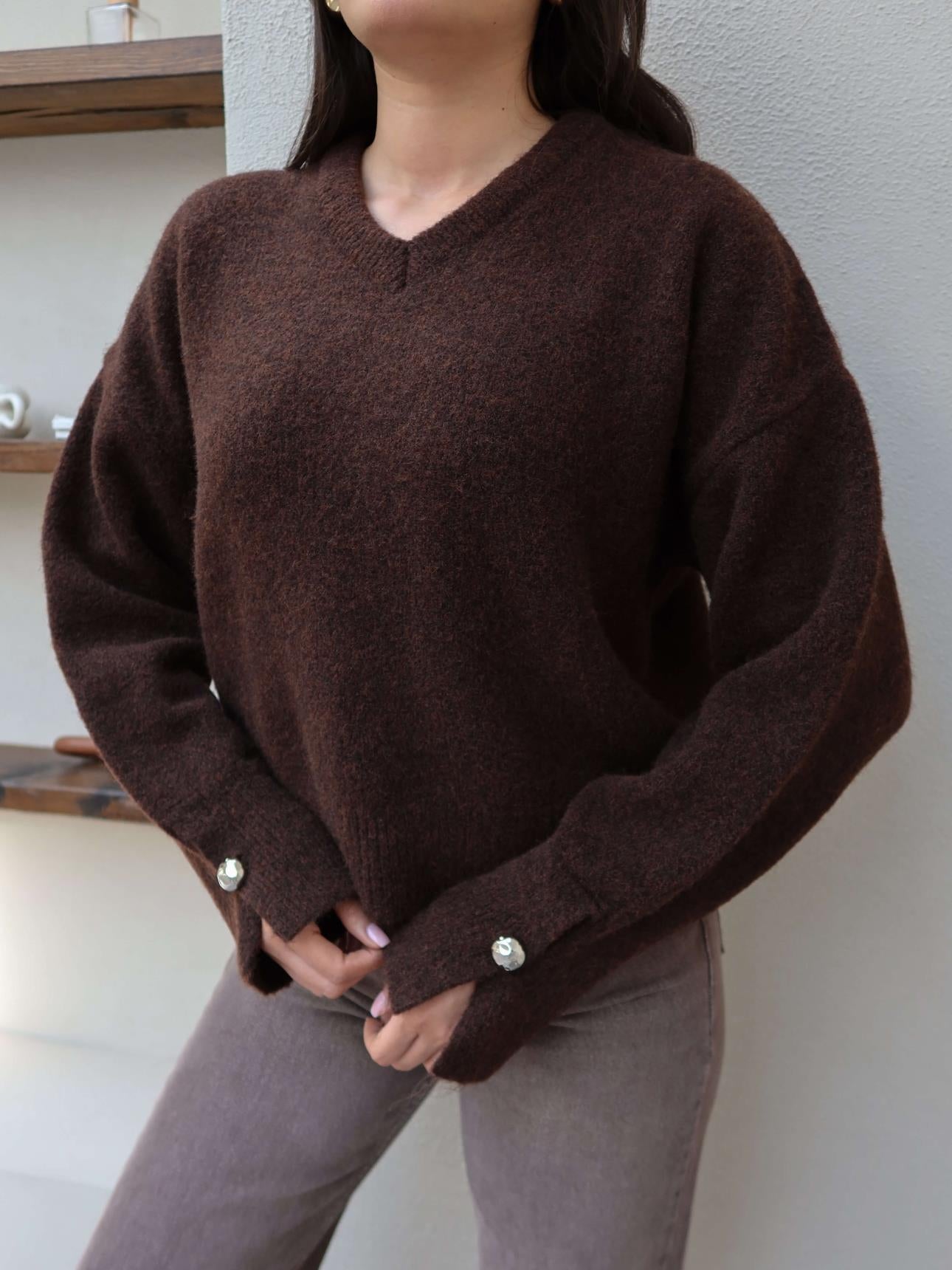 V-Neck Sleeveless Soft Sweater - Brown