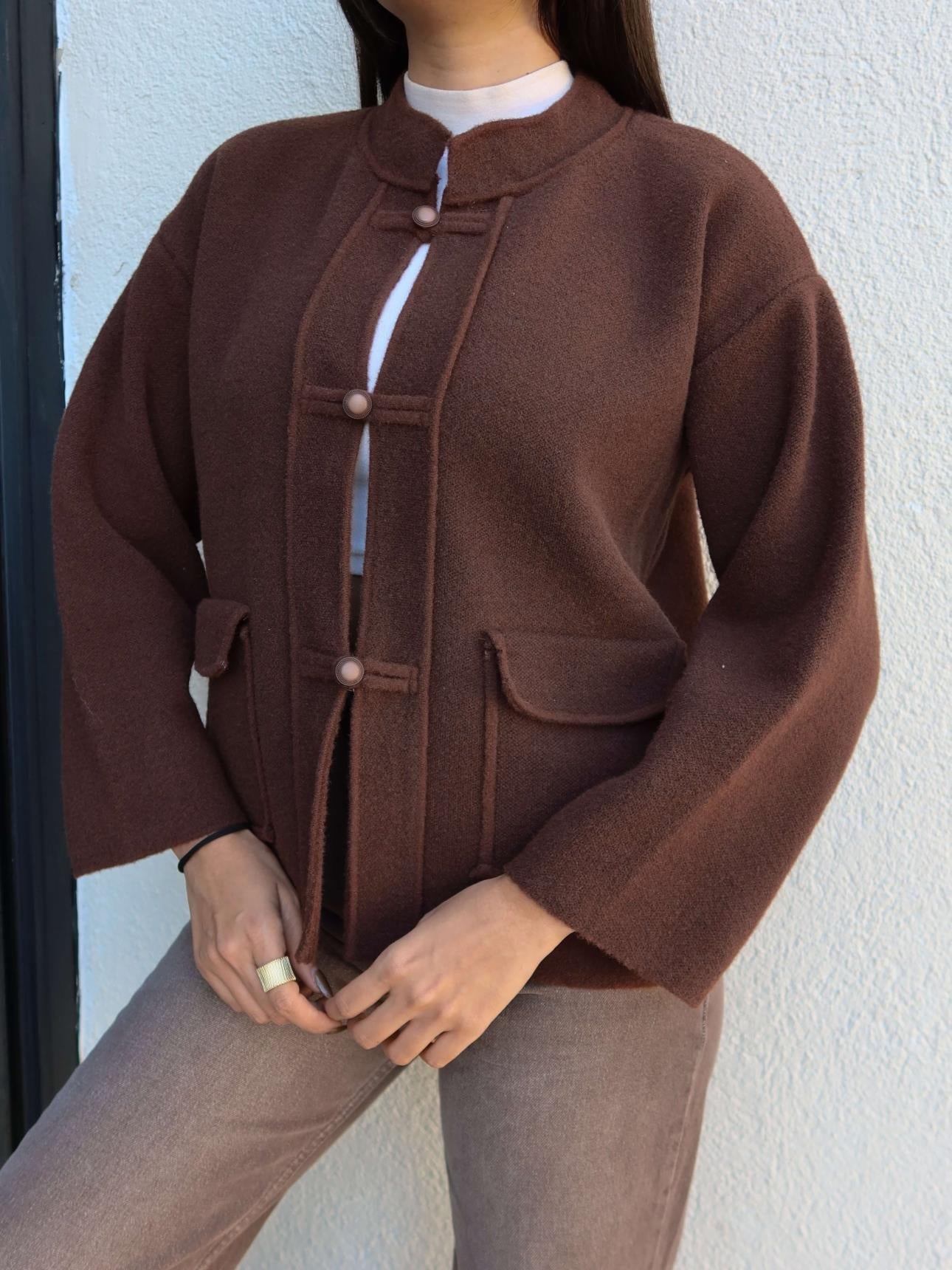 Stand-up Collar Knit Cardigan with Pockets