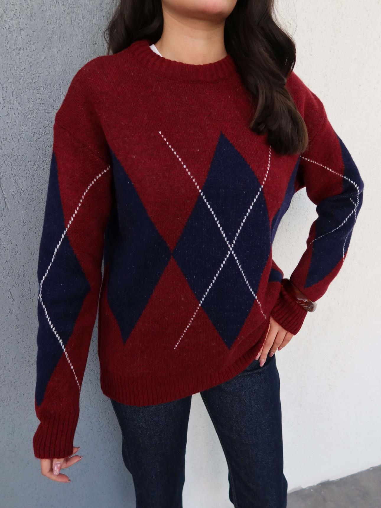 Claret Red Blue Diamond Patterned Sweater