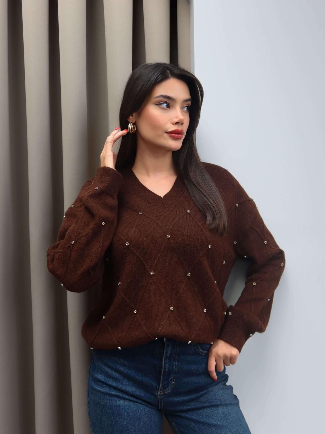 V-Neck Stoned Knit Sweater