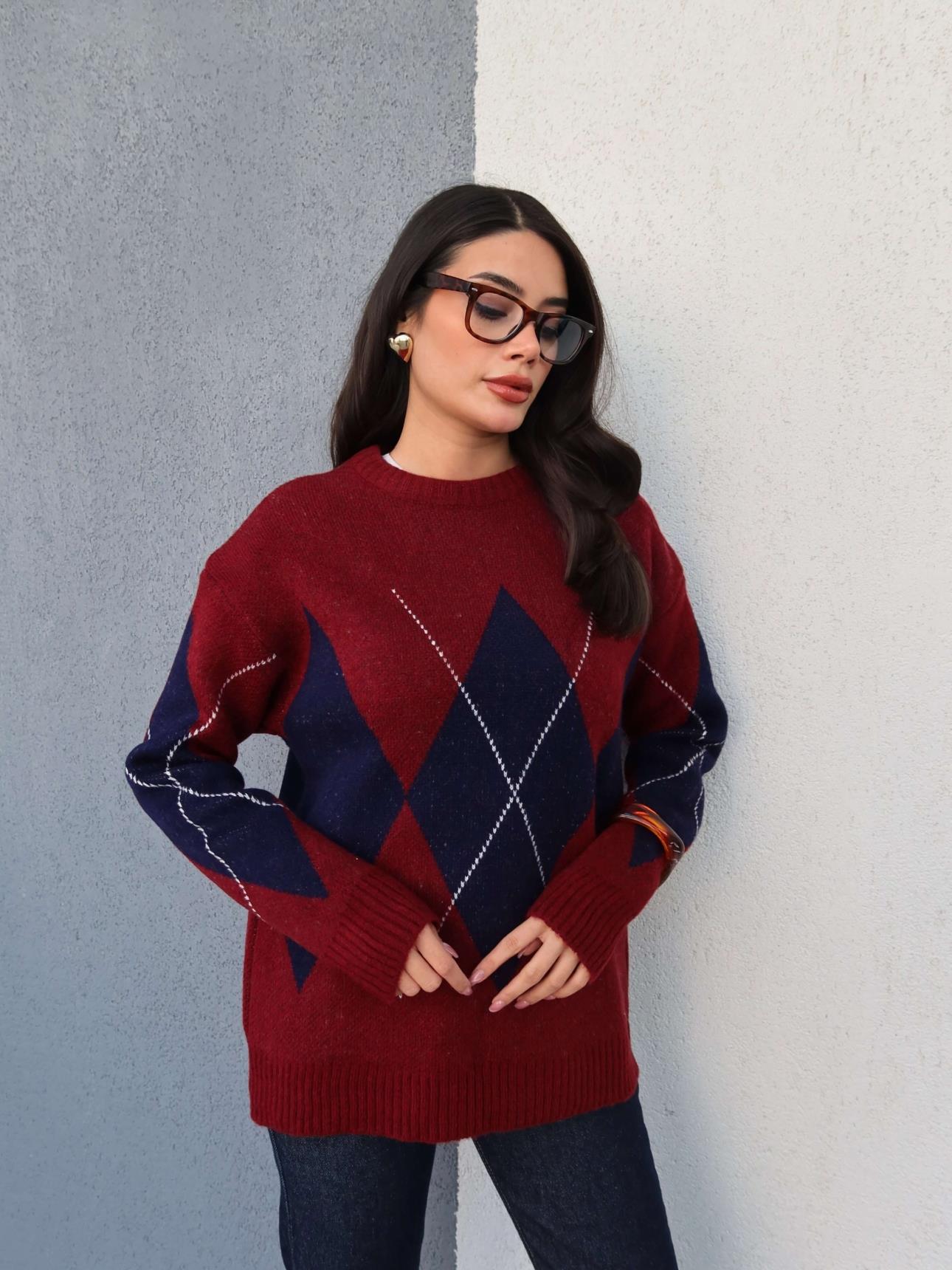 Claret Red Blue Diamond Patterned Sweater