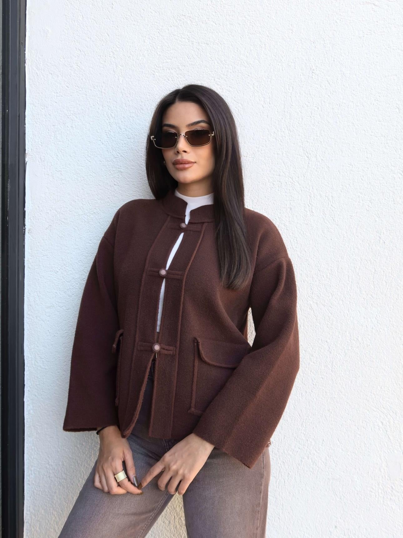 Stand-up Collar Knit Cardigan with Pockets