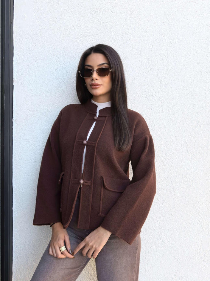 Stand-up Collar Knit Cardigan with Pockets