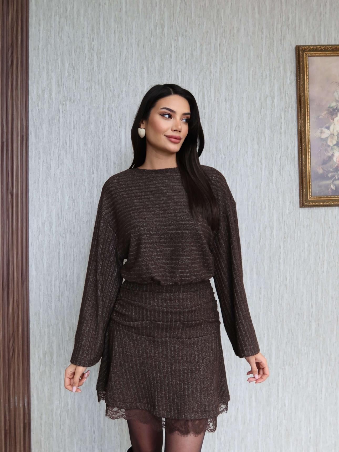 Mini Dress with Gathered Waist Lace Detail