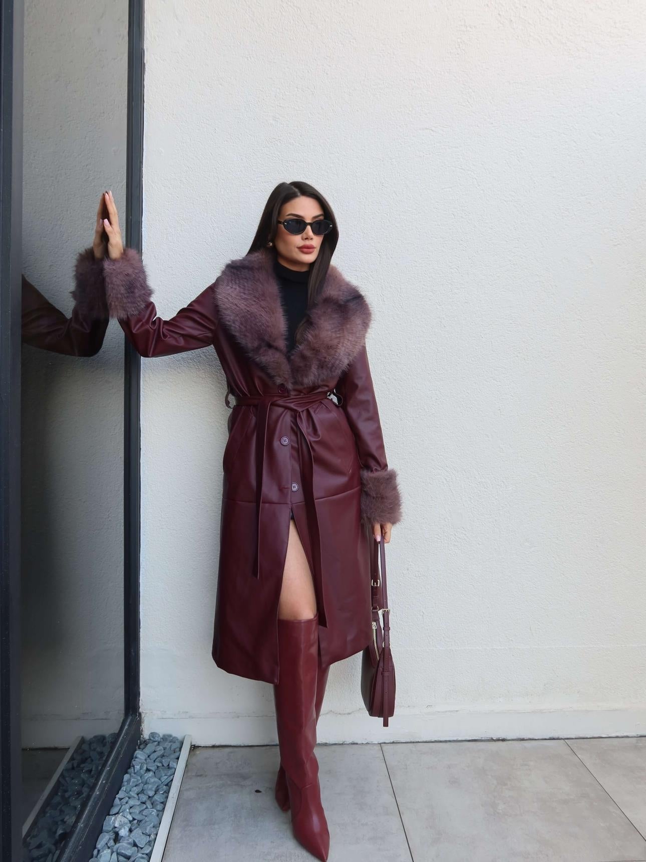 Belted Leather Trench Coat with Fur Detail
