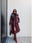 Belted Leather Trench Coat with Fur Detail
