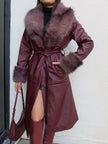 Belted Leather Trench Coat with Fur Detail