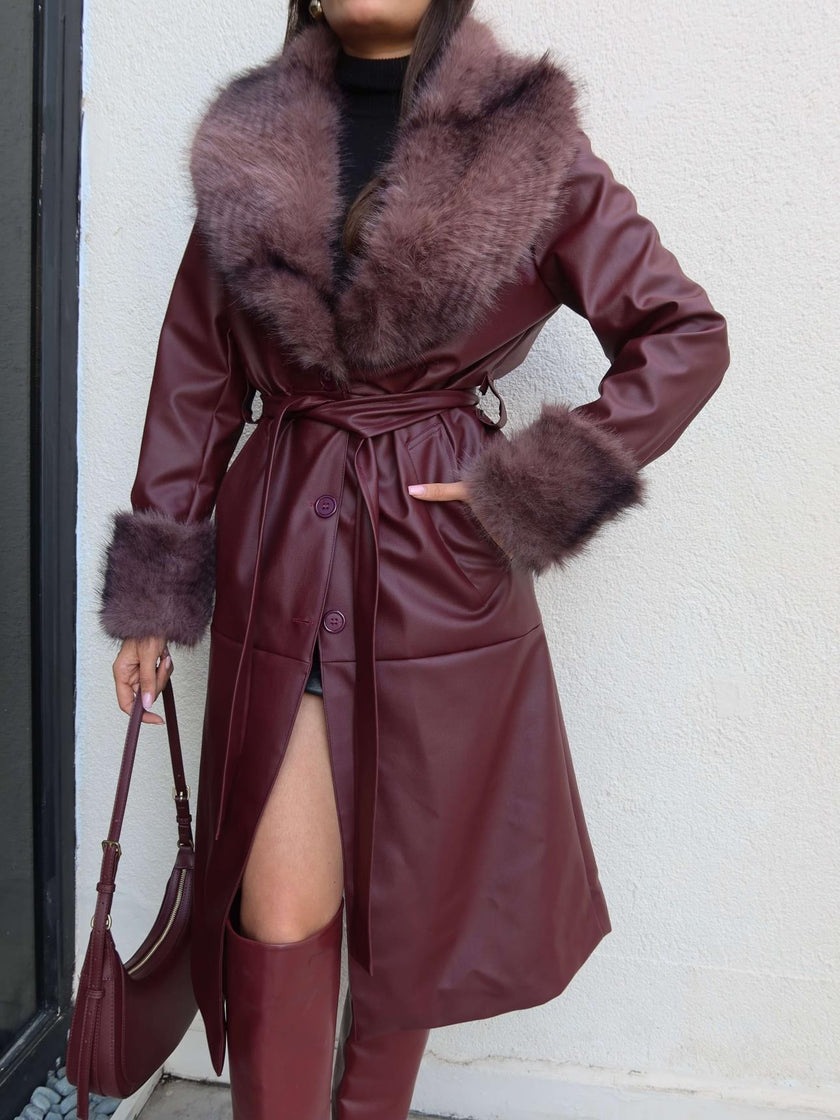 Belted Leather Trench Coat with Fur Detail