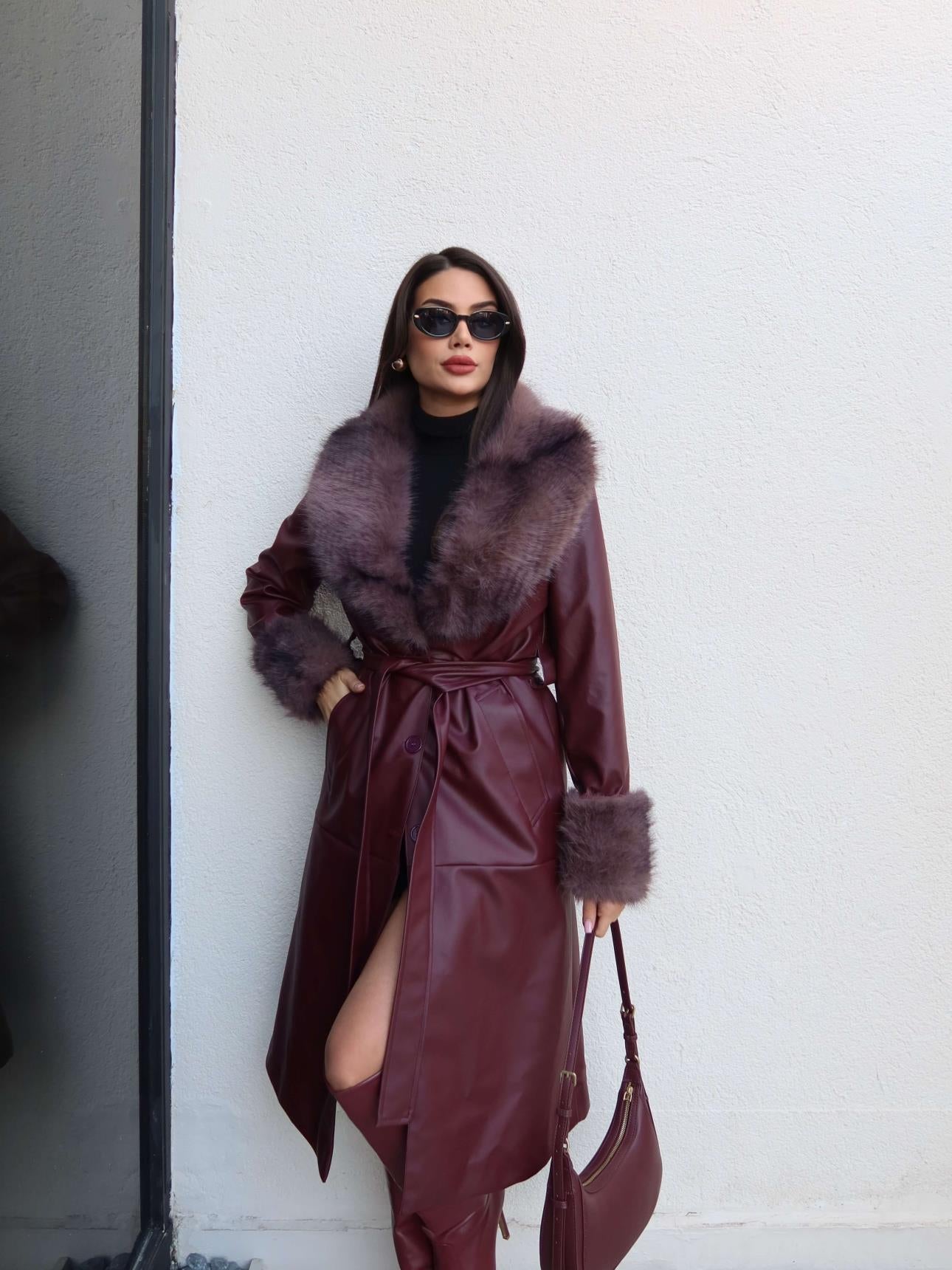 Belted Leather Trench Coat with Fur Detail