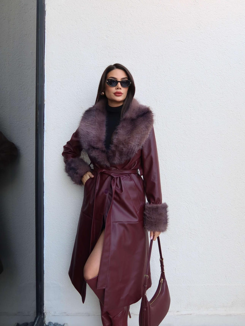 Belted Leather Trench Coat with Fur Detail