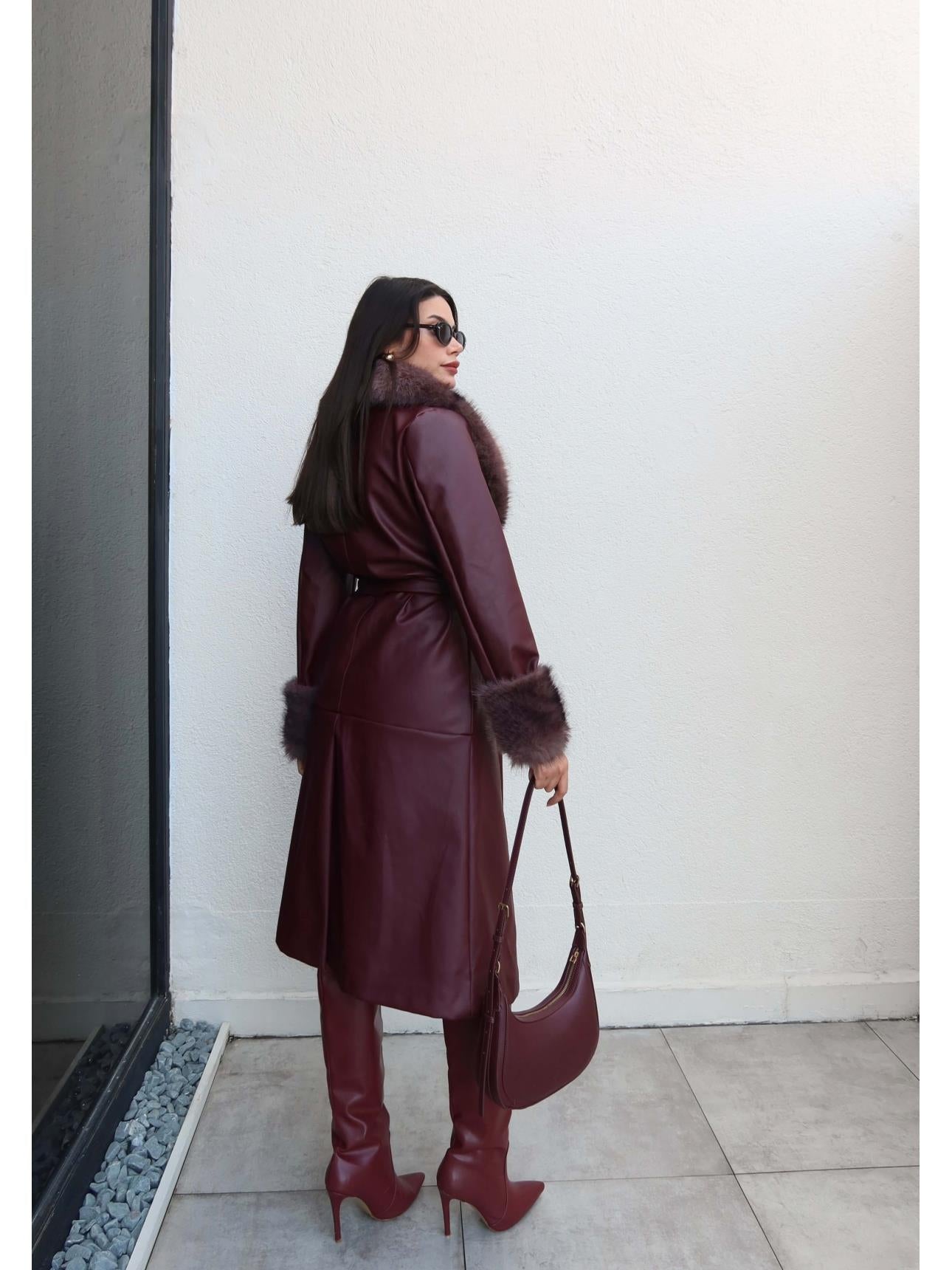 Belted Leather Trench Coat with Fur Detail