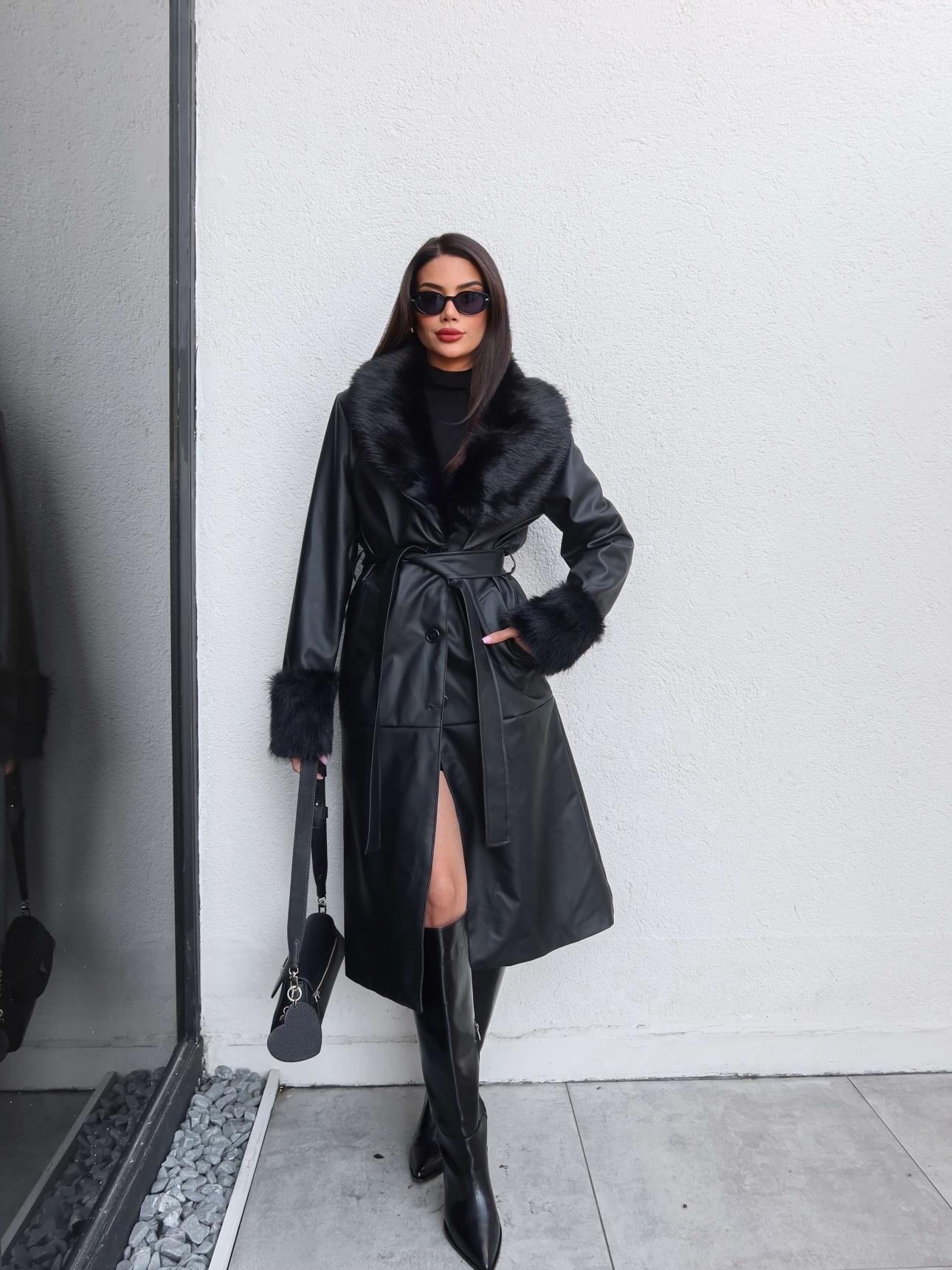 Fur Detail Belted Leather Trench Coat