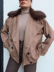 Suede Jacket with Fur Collar and Elastic Waistband