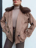 Suede Jacket with Fur Collar and Elastic Waistband