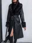Fur Detail Belted Leather Trench Coat