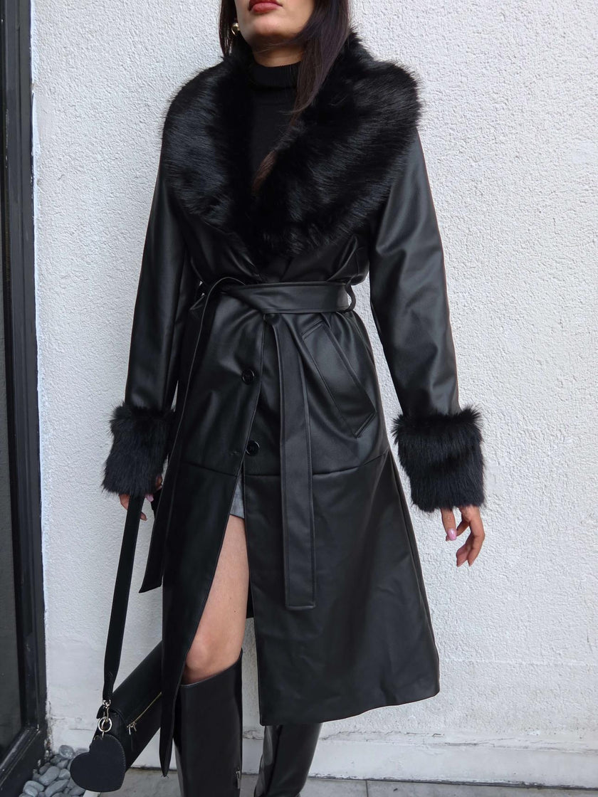 Fur Detail Belted Leather Trench Coat