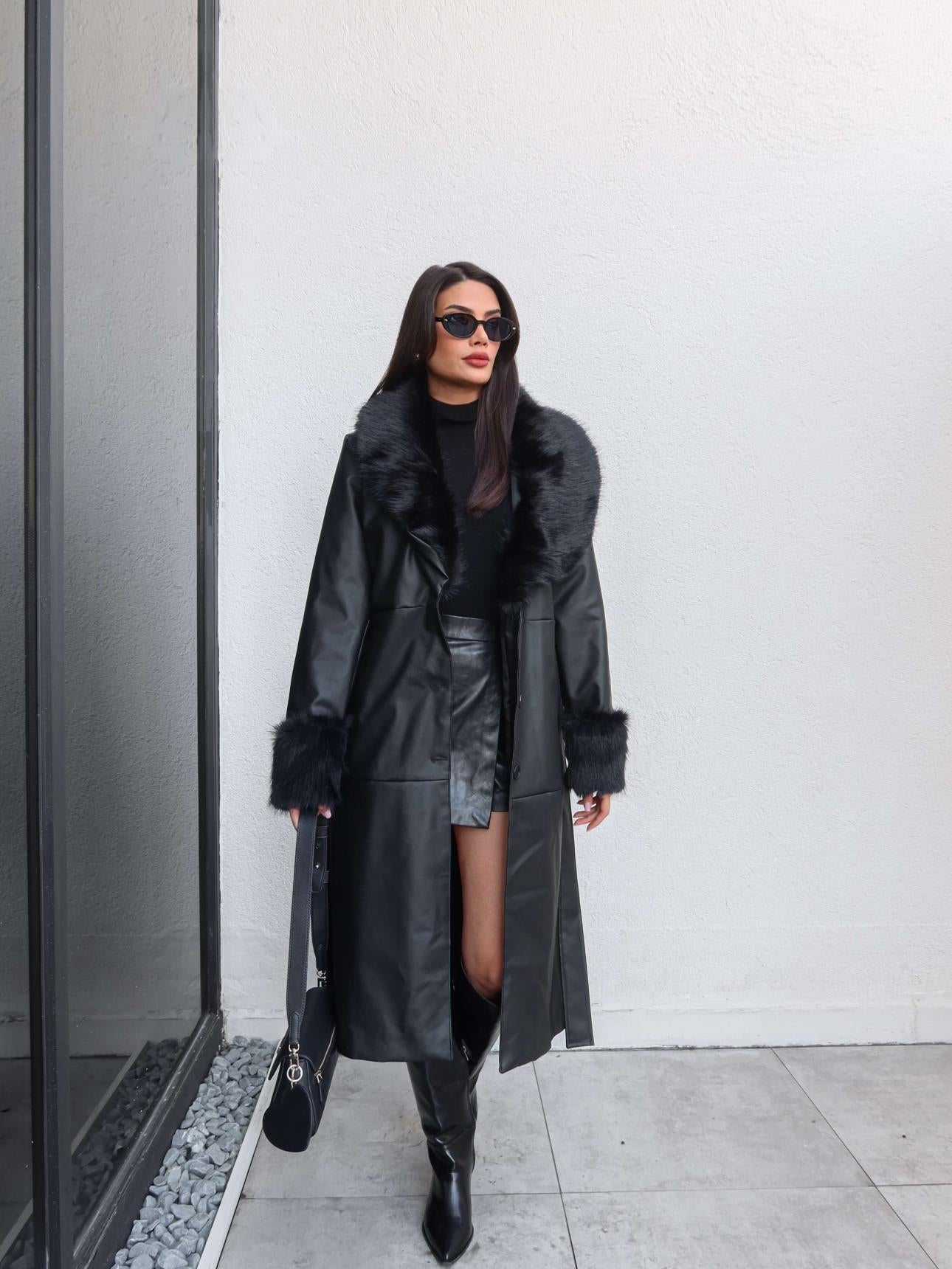 Fur Detail Belted Leather Trench Coat