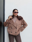 Suede Jacket with Fur Collar and Elastic Waistband
