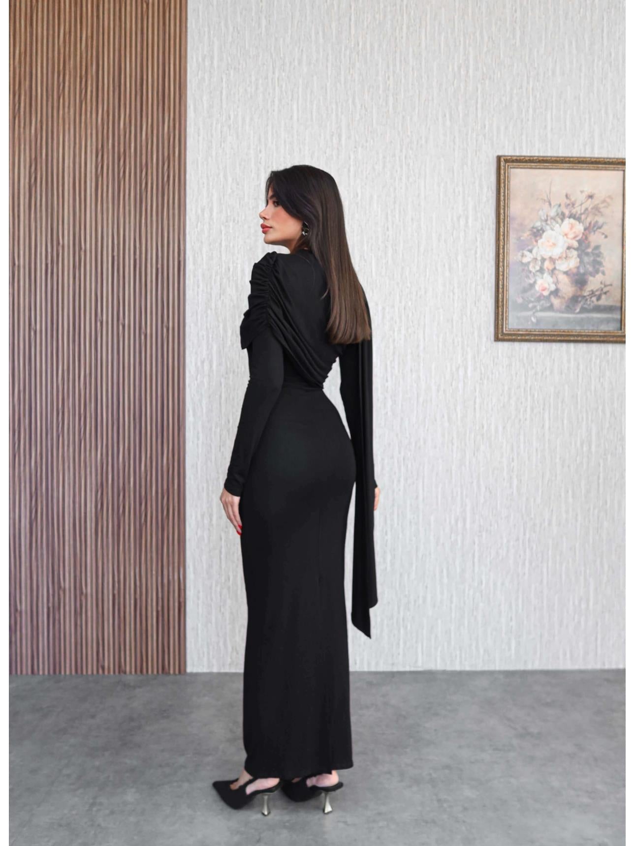 Shawl Collar Dress with Gathered Shoulders