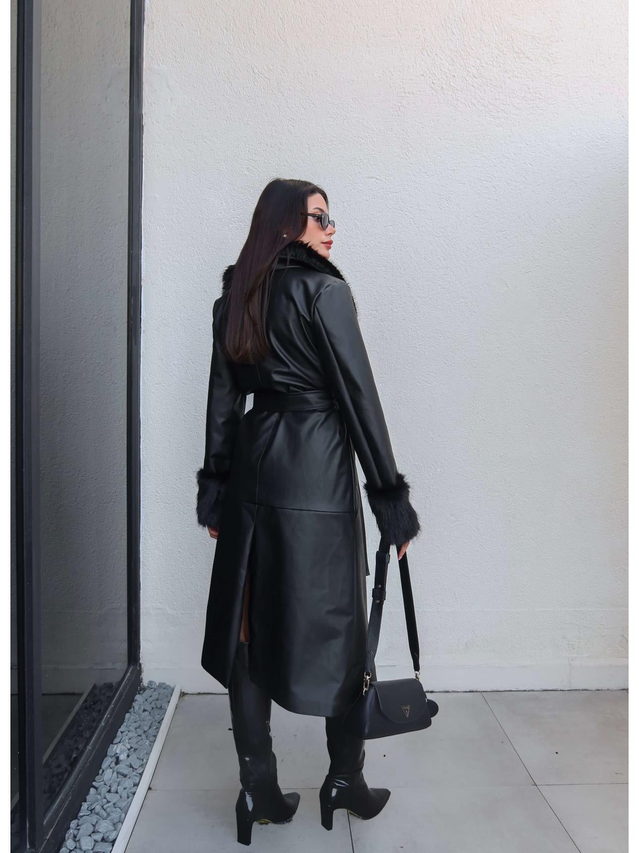 Fur Detail Belted Leather Trench Coat