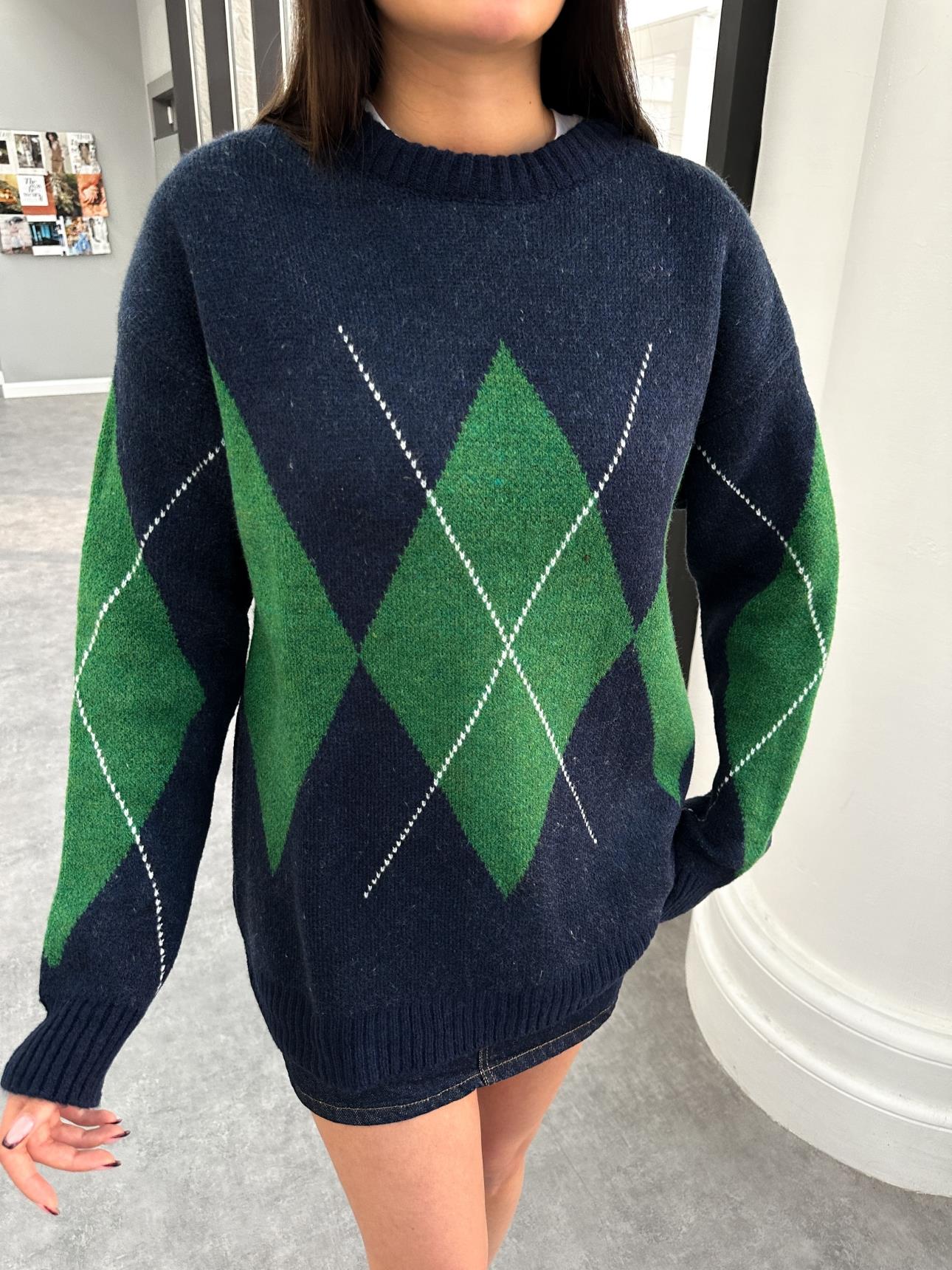 Navy Blue Green Diamond Patterned Sweater