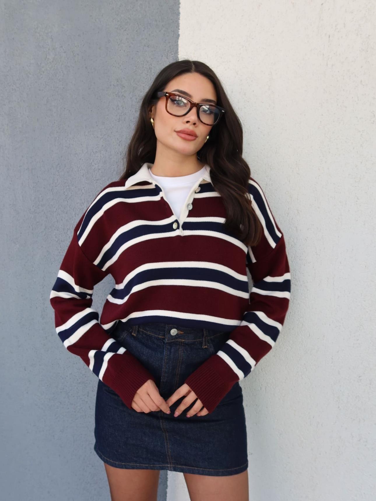 Polo Collar Long Sleeve Striped Sweater