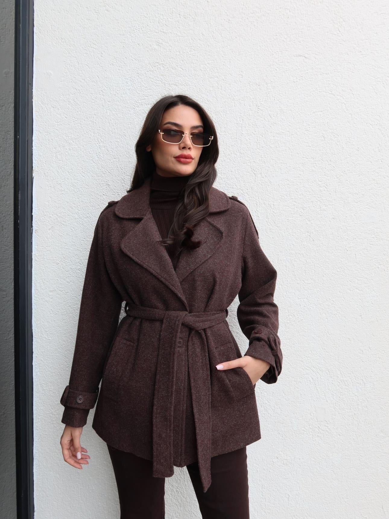 Short Cashmere Coat with Epaulette Tie