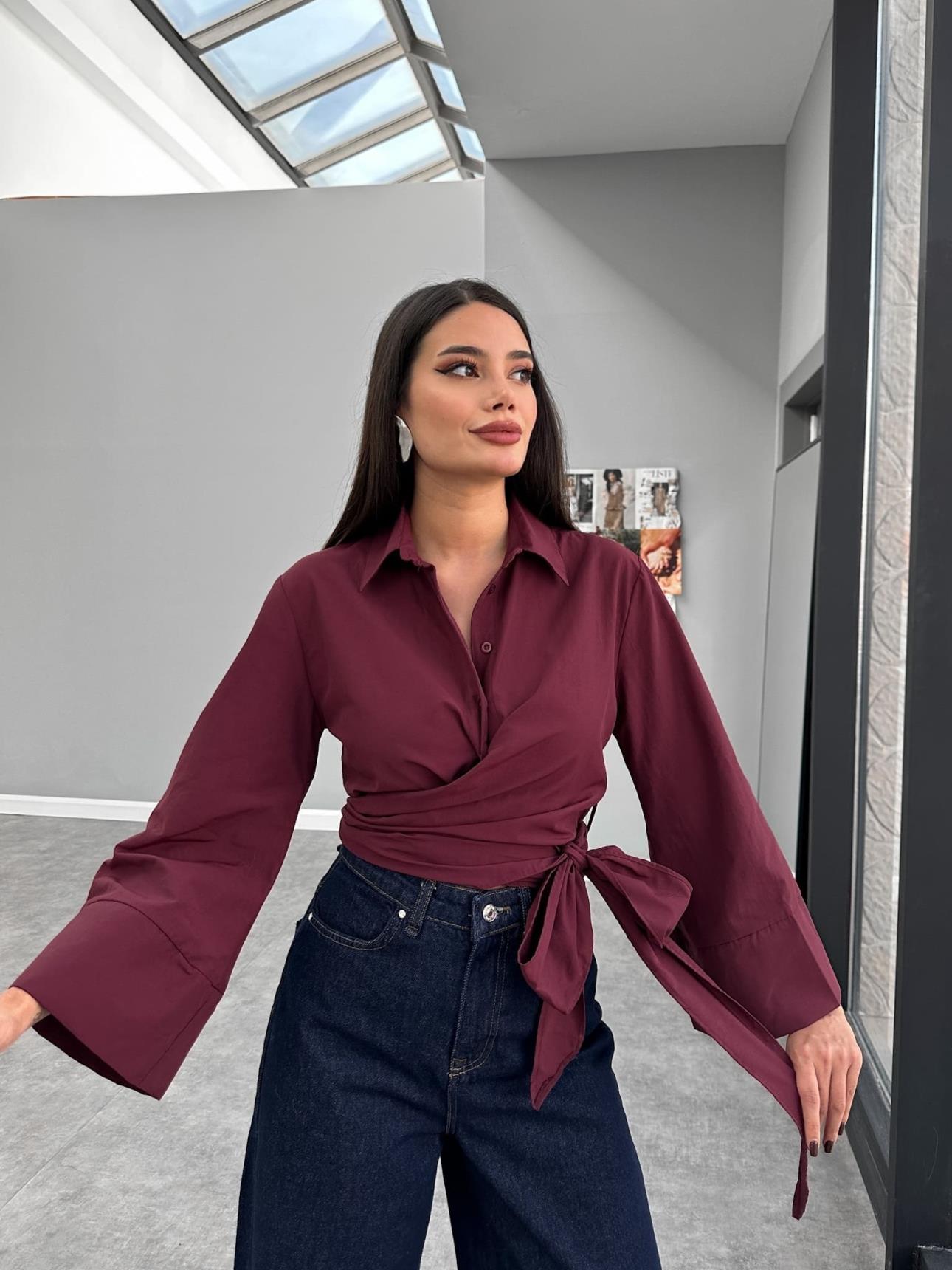 Dark Red Tie Detail Shirt