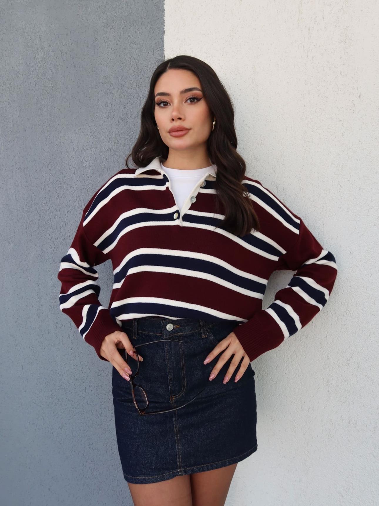 Polo Collar Long Sleeve Striped Sweater