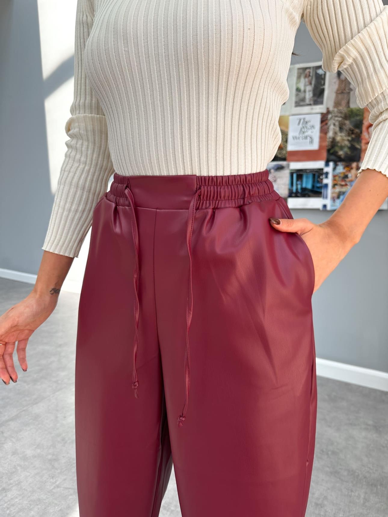 Waist Elastic Laced Leather Trousers