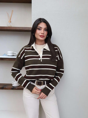 Striped Polo Neck Knit Sweater