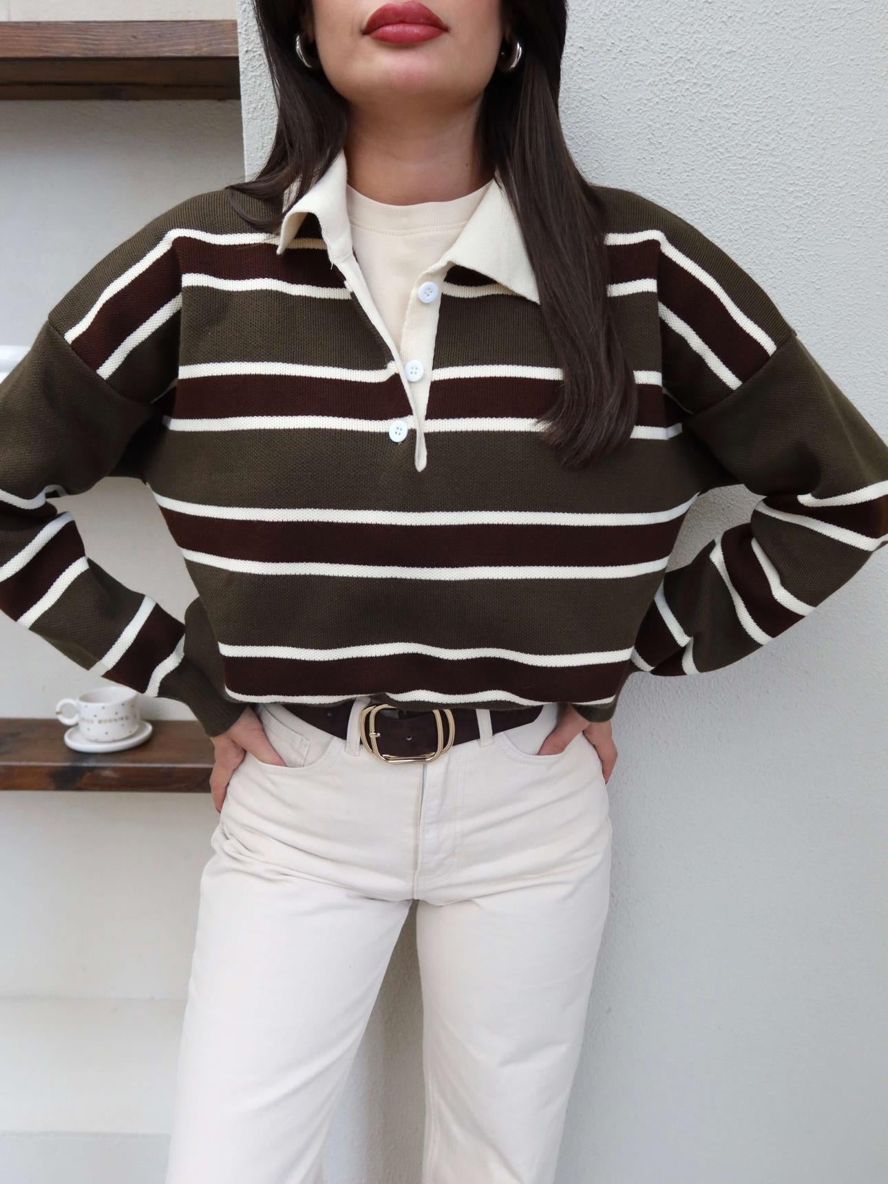 Striped Polo Neck Knit Sweater
