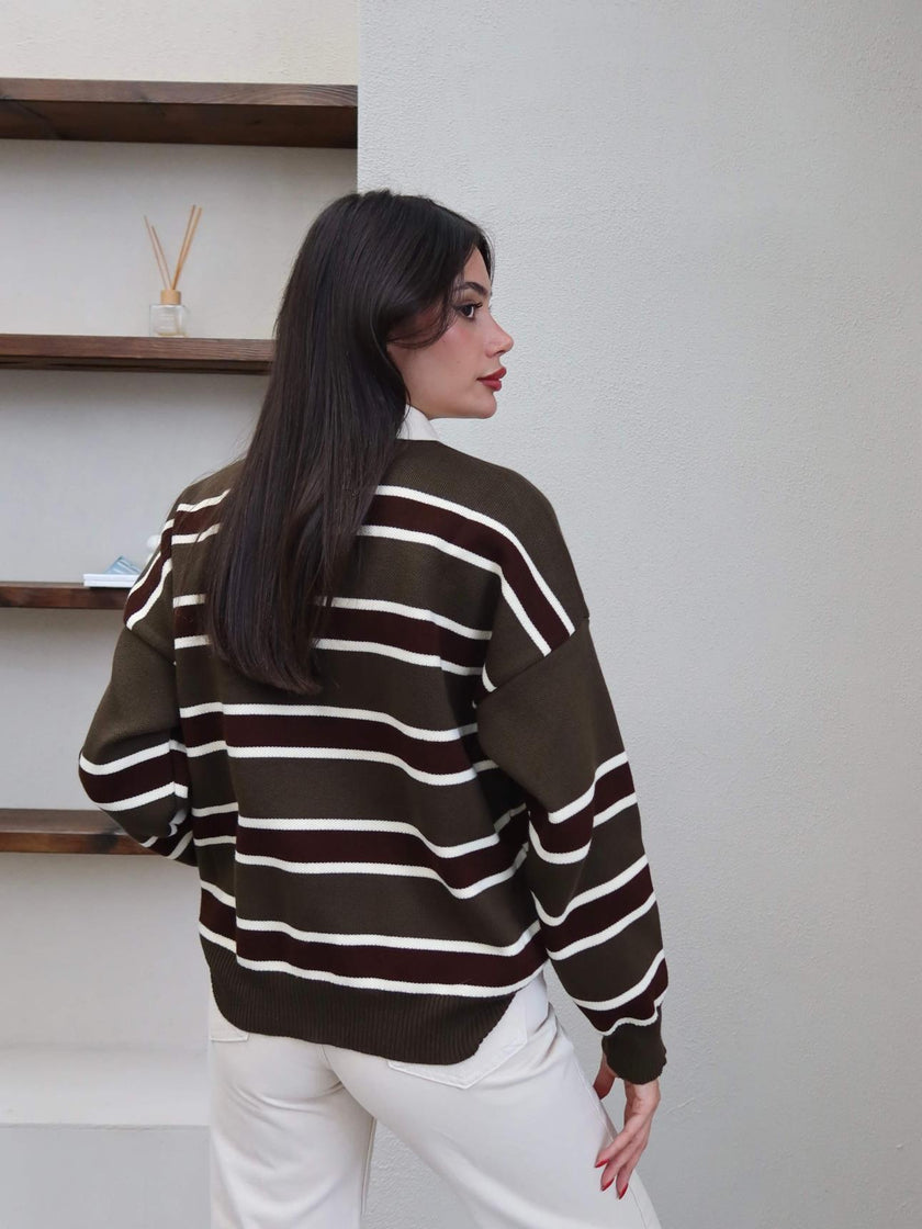 Striped Polo Neck Knit Sweater