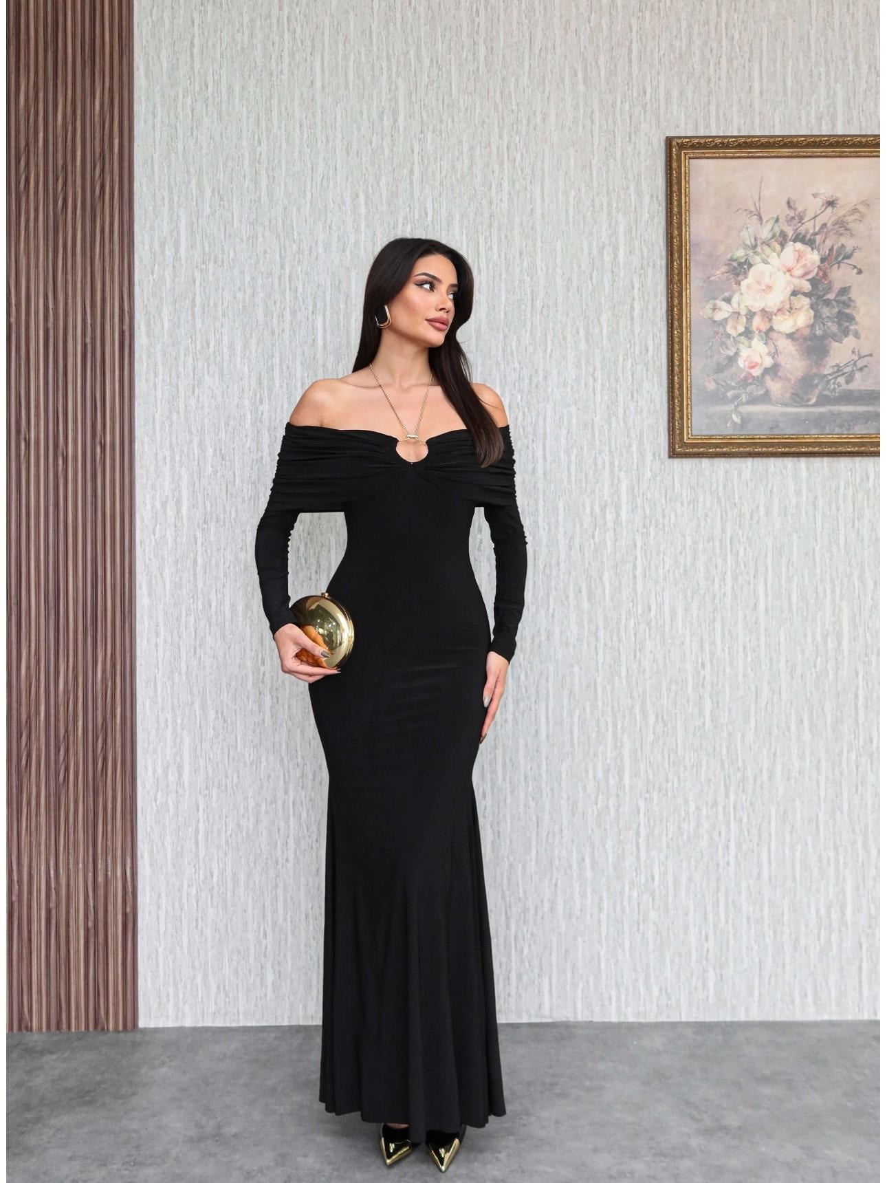 Off-the-Shoulder Long Dress with Neck Accessory
