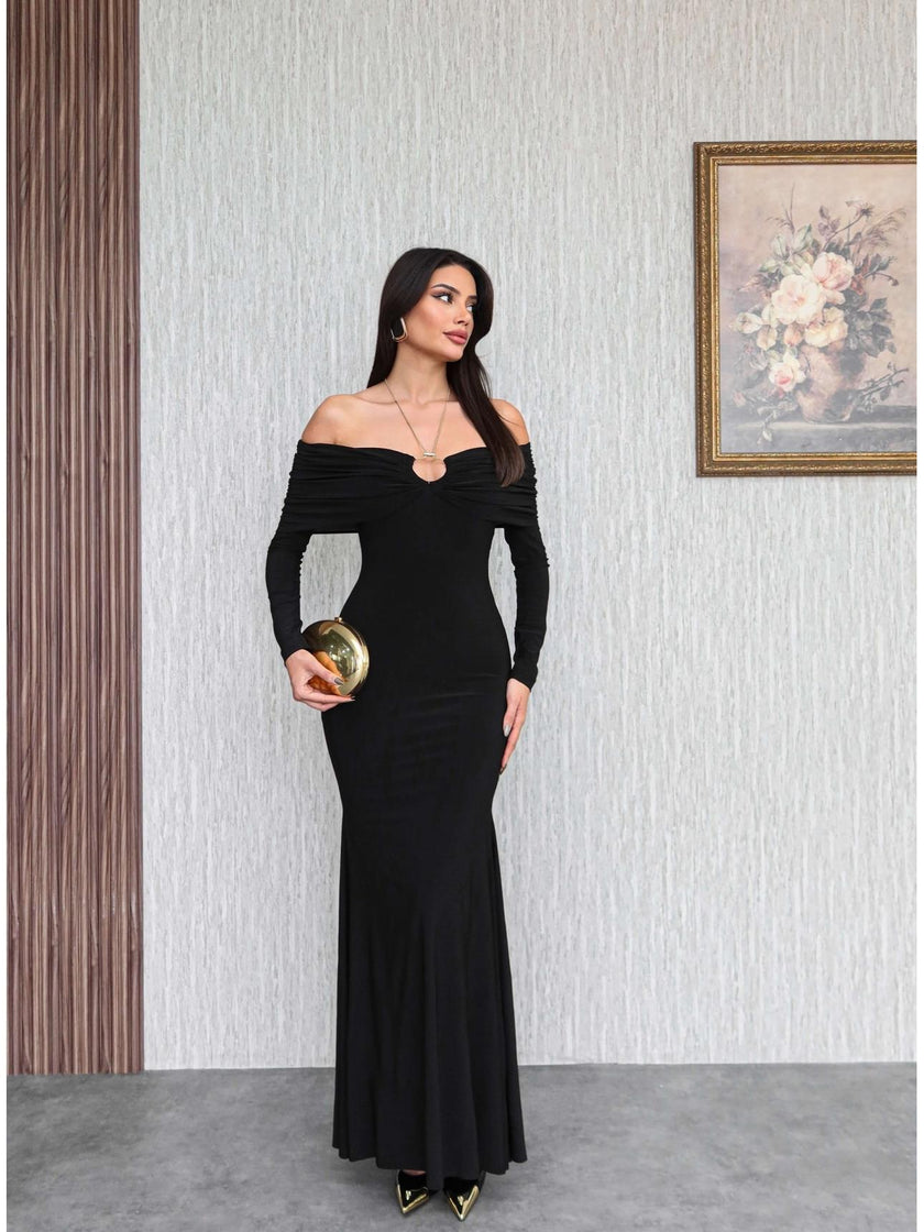 Off-the-Shoulder Long Dress with Neck Accessory